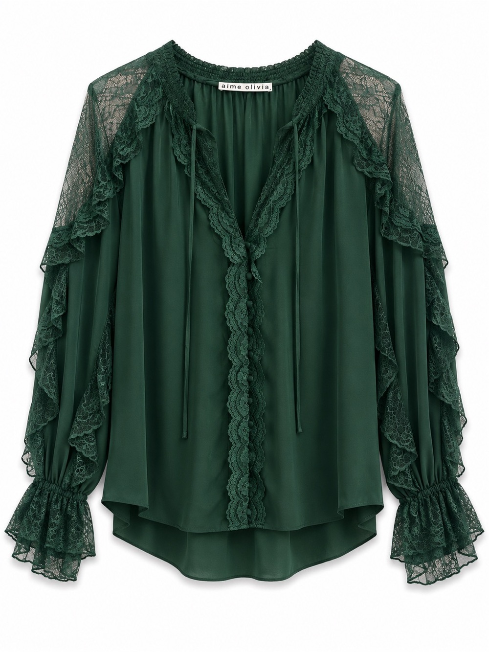 Alice + Olivia Dark Green Lace-Trim Blouse